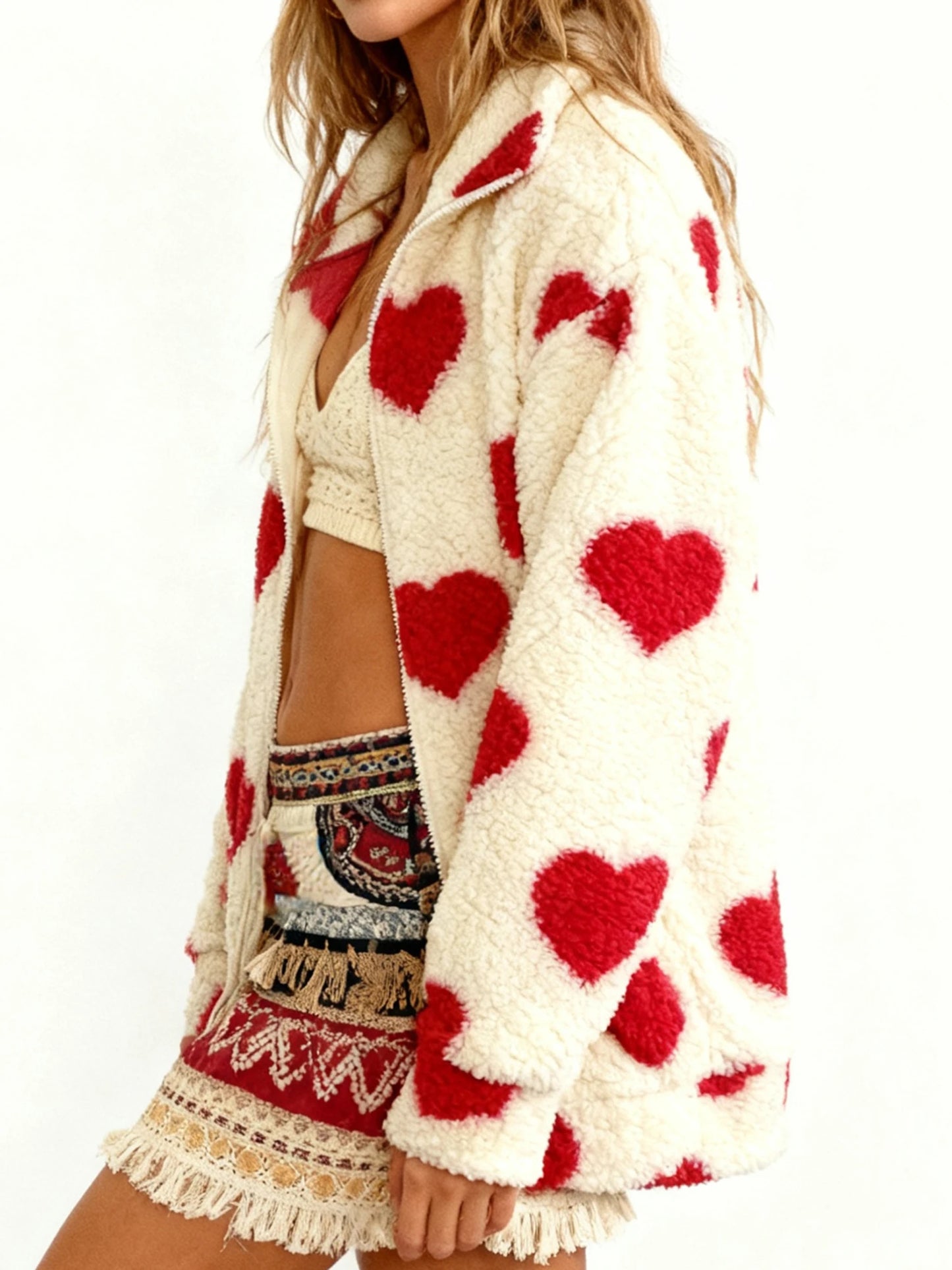 Women s Valentine s Day Heart Print Hooded Sweatshirt Casual Long Sleeve Pullover Loose Fit Fleece Jacket Coat