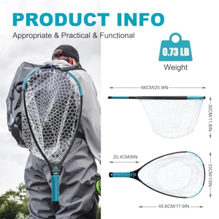 Fly Fishing Landing Net for Trout Bass Catch and Release: Carbon Fiber Frame, Black Rubber Mesh, Magnetic Net Release
