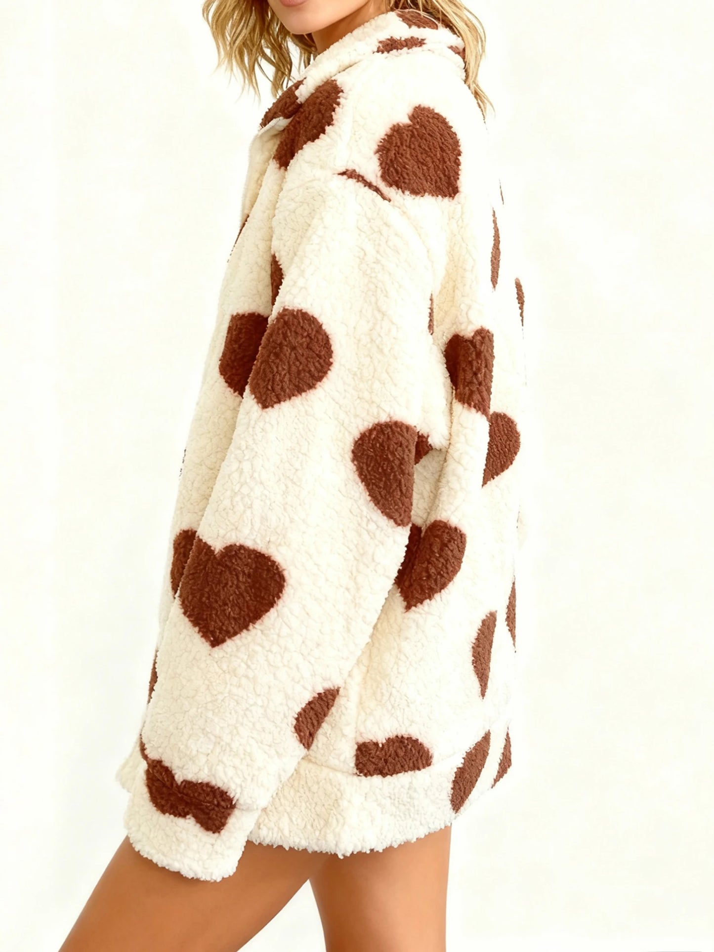 Women s Valentine s Day Heart Print Hooded Sweatshirt Casual Long Sleeve Pullover Loose Fit Fleece Jacket Coat