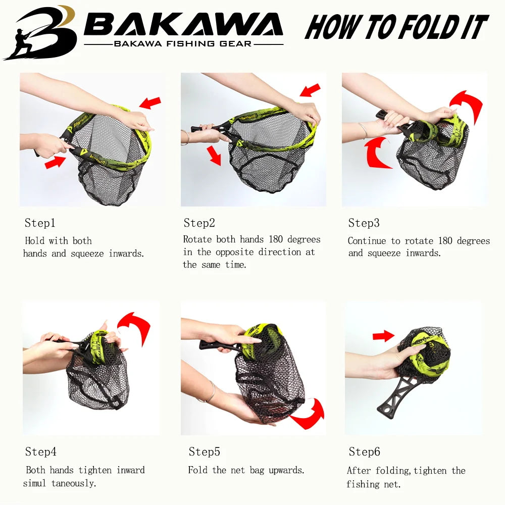 BAKAWA 25 30 S L Compact Folding Landing Net Rubber Mesh Lightweight Portable Fish Net Bass Fishing Quality Net Pesca Accesorios