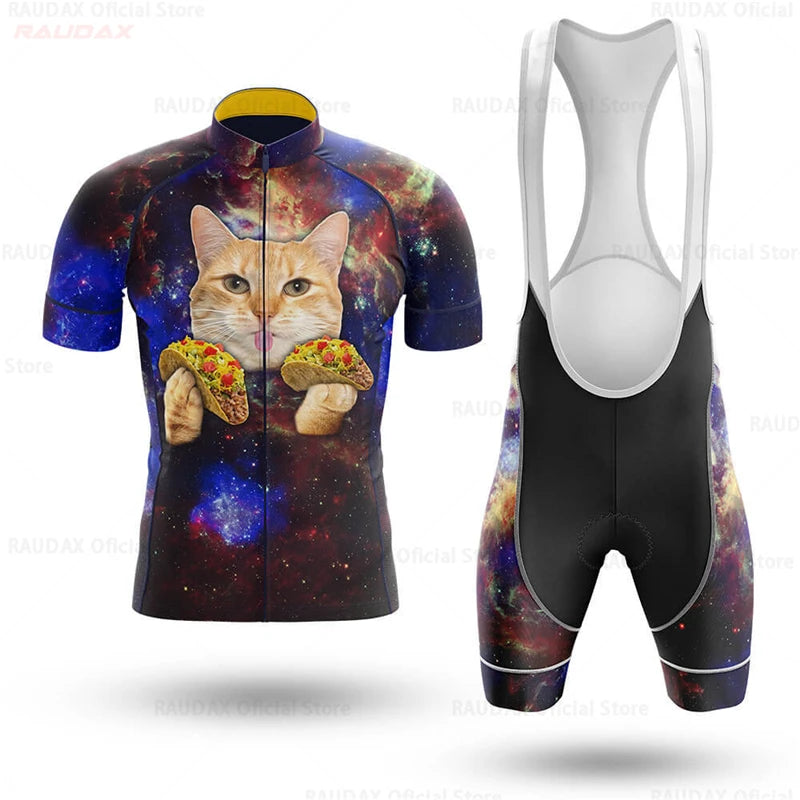 2023 Men's Cycling Clothes Funny Cartoon Cat Summer Short Sleeve Cycling Jersey Set Breathable Quick Dry Sportswear Bike Uniform