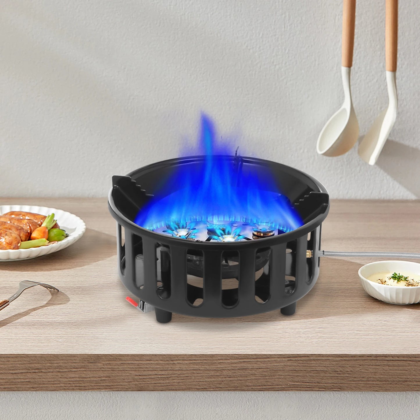 old-Rolled Steel Portable Camping Stove, 72000BTU 3-Adapter Gas Cooker, Windproof Design for Camping Hiking Picnic