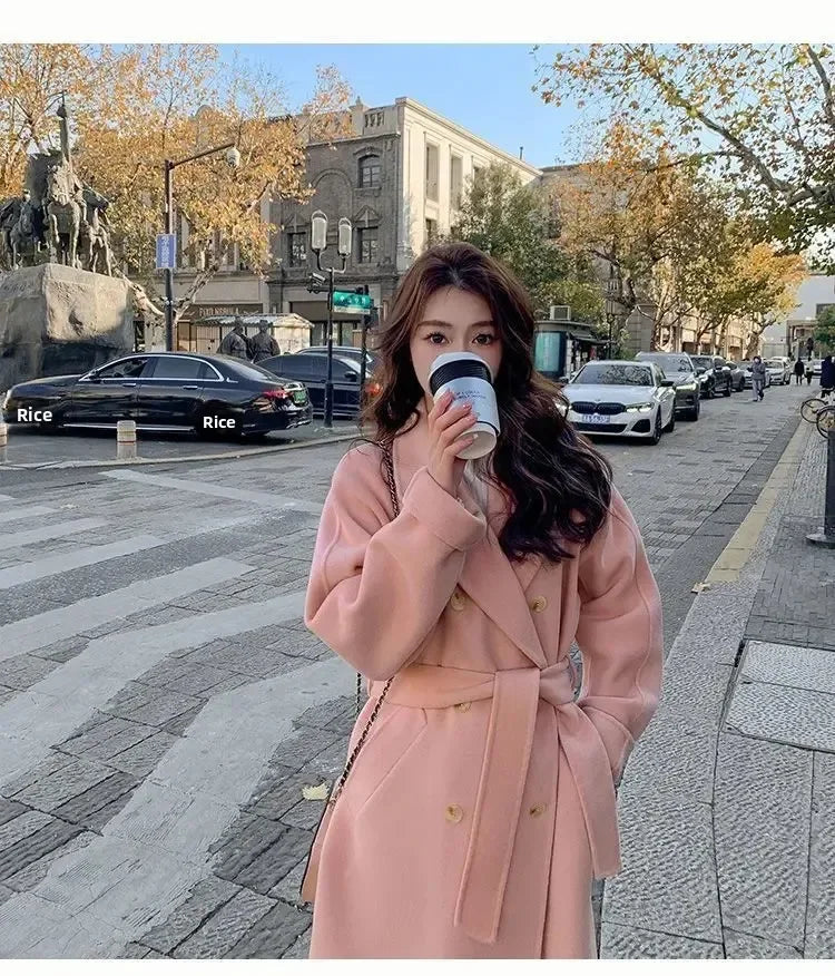 Blue Korean Style Woolen Coat Loose Women's Fashion Autumn Winter New Arrival Medium Length Belted Outerwear for Ladies