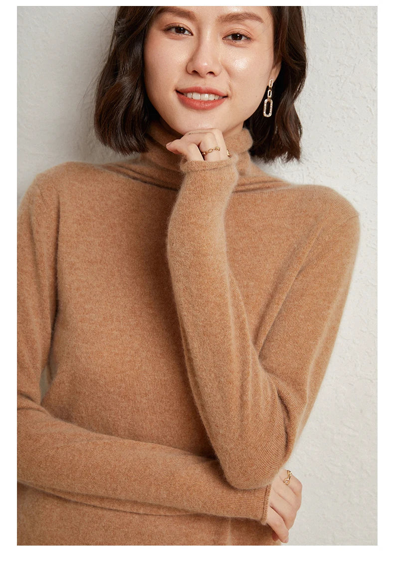 100%Merino Pure Wool Sweater Women's AutumnWinter Long Sleeve High Neck Pullover Warm High Quality Solid Color Basic Knit Jumper