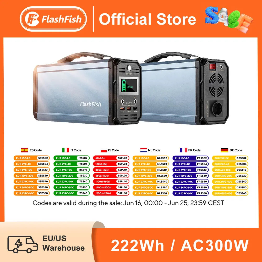 Flashfish Power Station 300W Portable AC Outlet 222Wh Solar Generator Energy Station Backup Power for Outdoor Camping RV Home