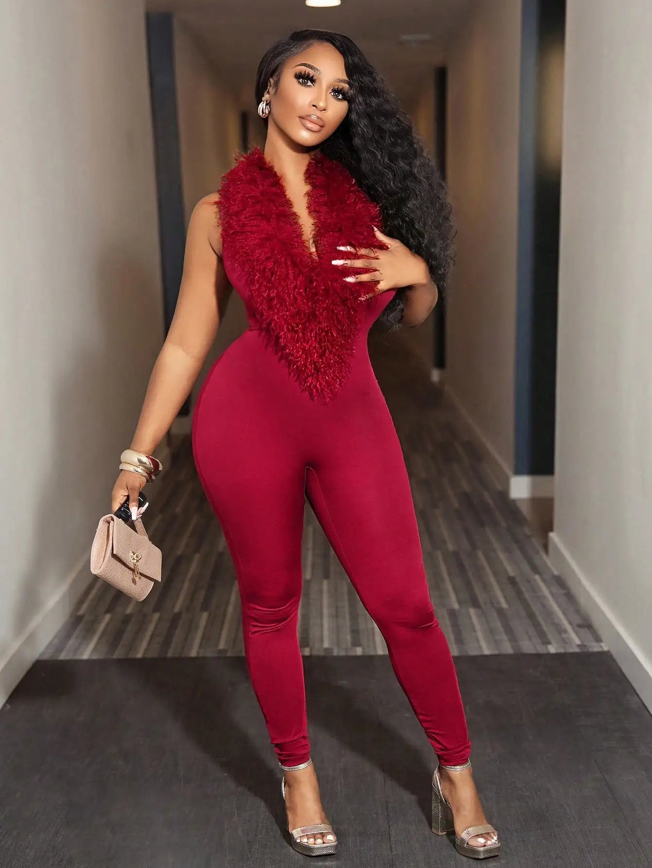 BWQ Christmas Rave Party  Women's Solid Color Furry Turtleneck Bodycon Jumpsuit