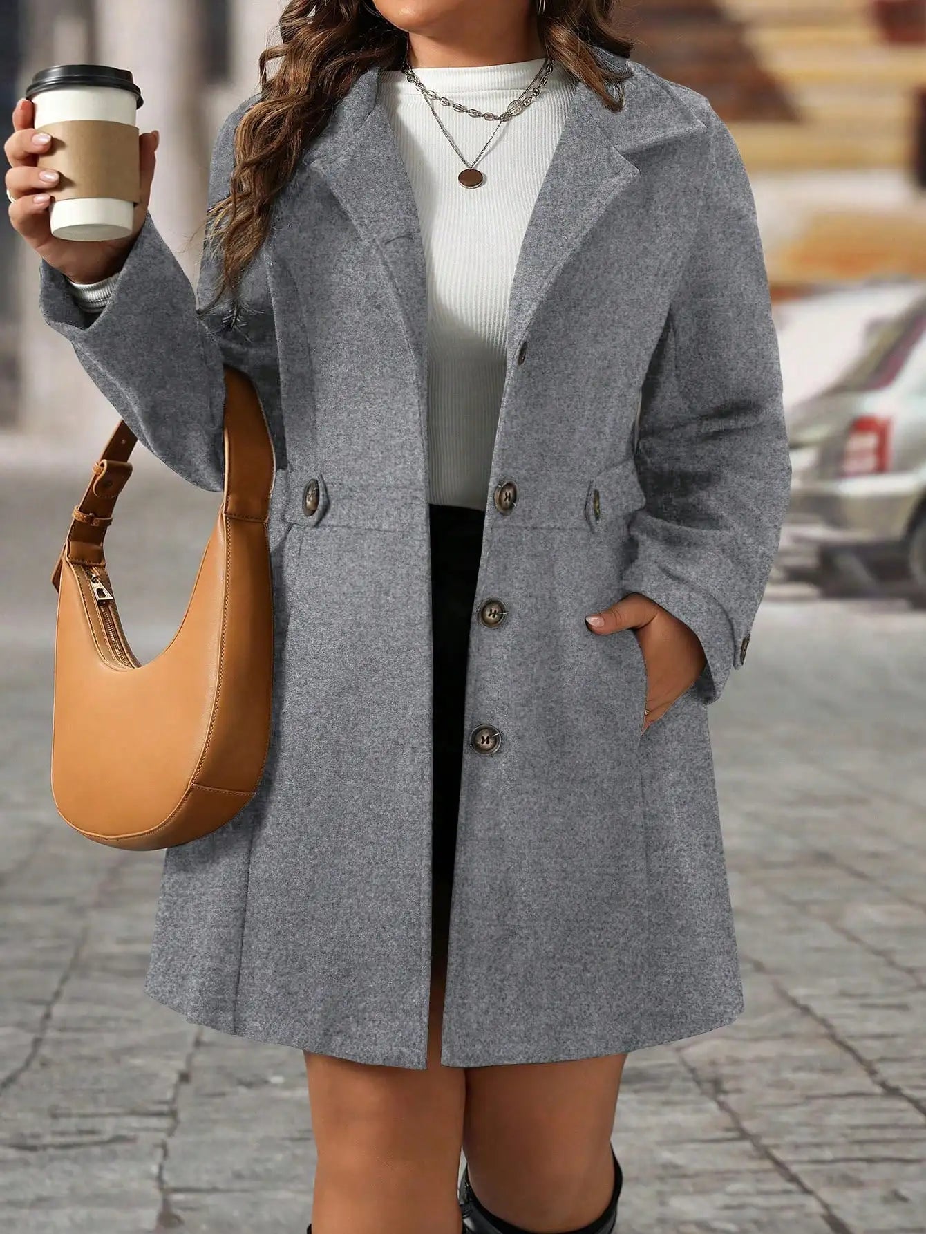 Plus Size Black Lapel Button Decor Waisted Mid-Length Knitted Coat For Women, Winter Fall Cloth For Women Autumn