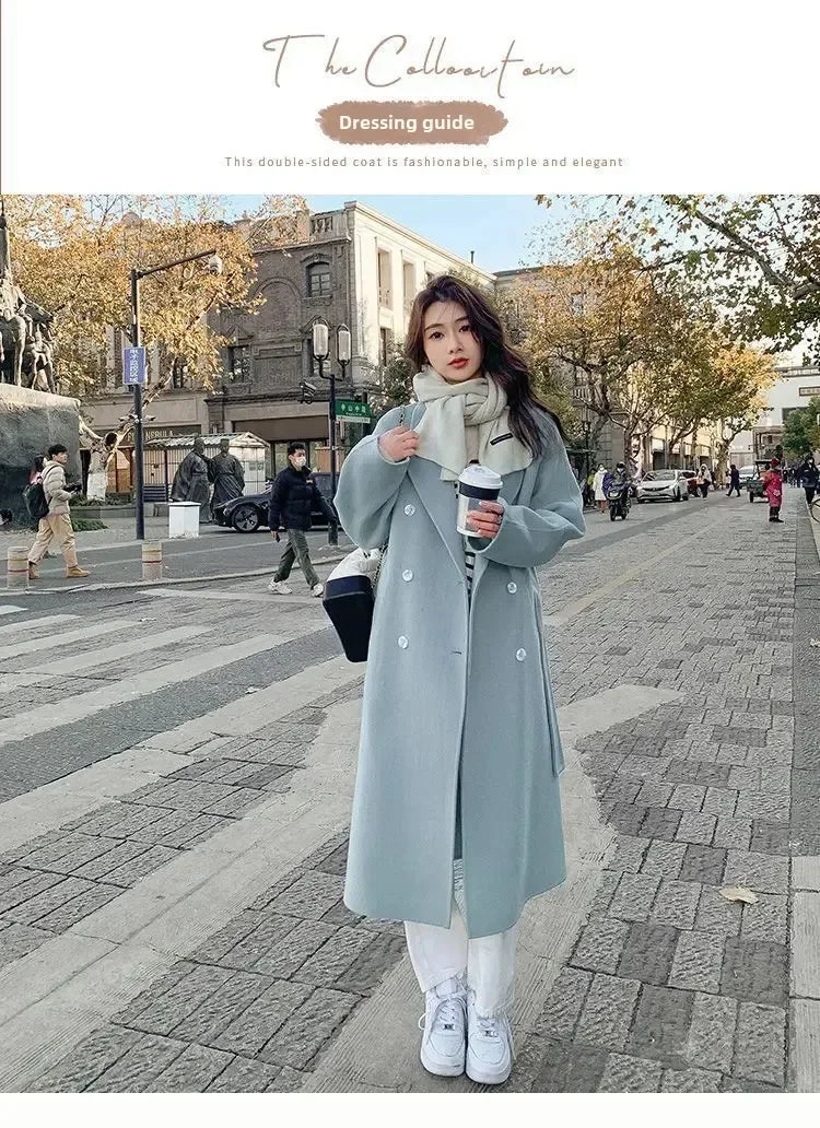Blue Korean Style Woolen Coat Loose Women's Fashion Autumn Winter New Arrival Medium Length Belted Outerwear for Ladies