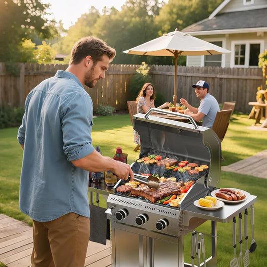 3-Burner Gas Grill with Folding Side Tables,Stainless Steel 24,000 BTU BBQ Grill,Outdoor Propane Grill for Barbecue,Patio