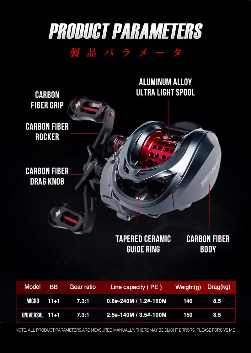 Seasir Mansory Baitcasting Fishing Reel 146g Ultralight Carbon 11+1 7.3:1 HS Ratio Hybrid Ceramic Bearing Double Spools Seawater