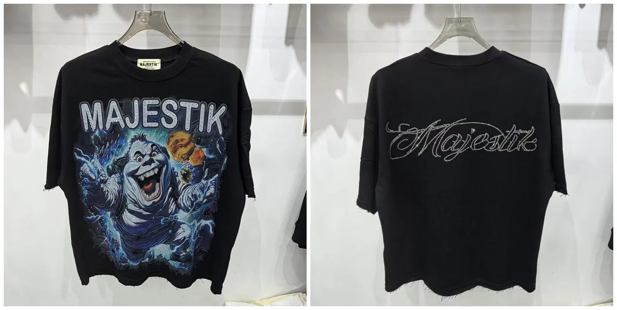 2026 Summer New MAJESTIK Men's T-shirt with Letter Hotfix Rhinestone Print Breathable Lightweight Casual Hip-Hop Style 100% Cotton Men/women T-shirt