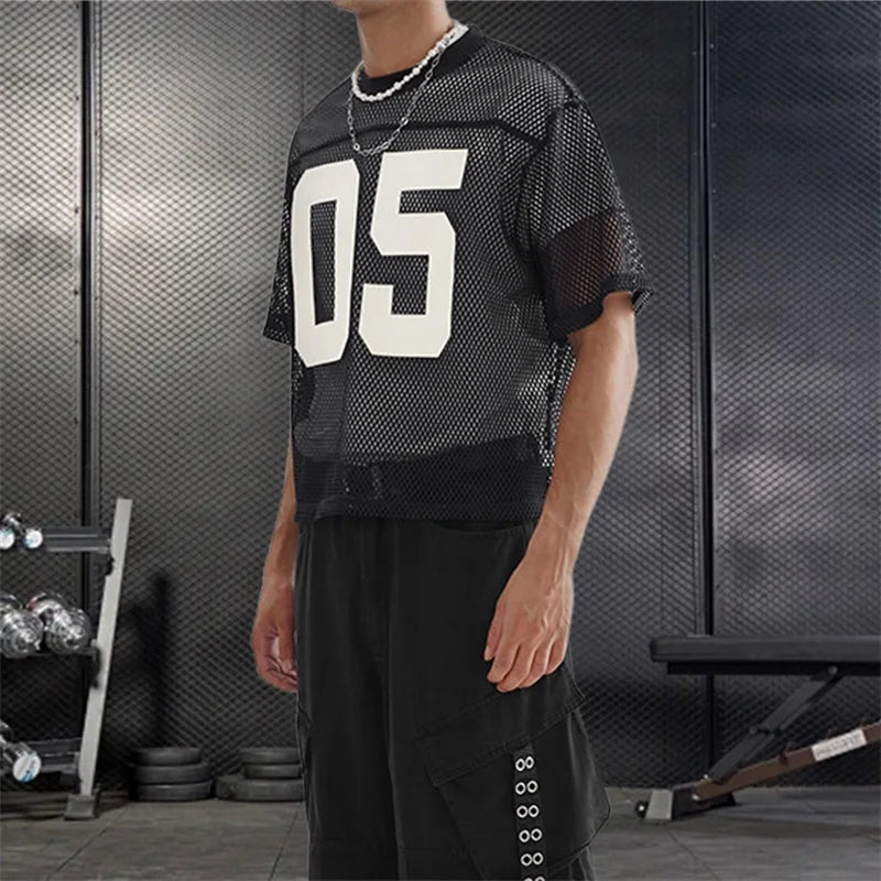 Men s Breathable Mesh Shirt with Bold Number Print Sheer Short Sleeves and Round Neckline - Perfect for Casual Streetwear and