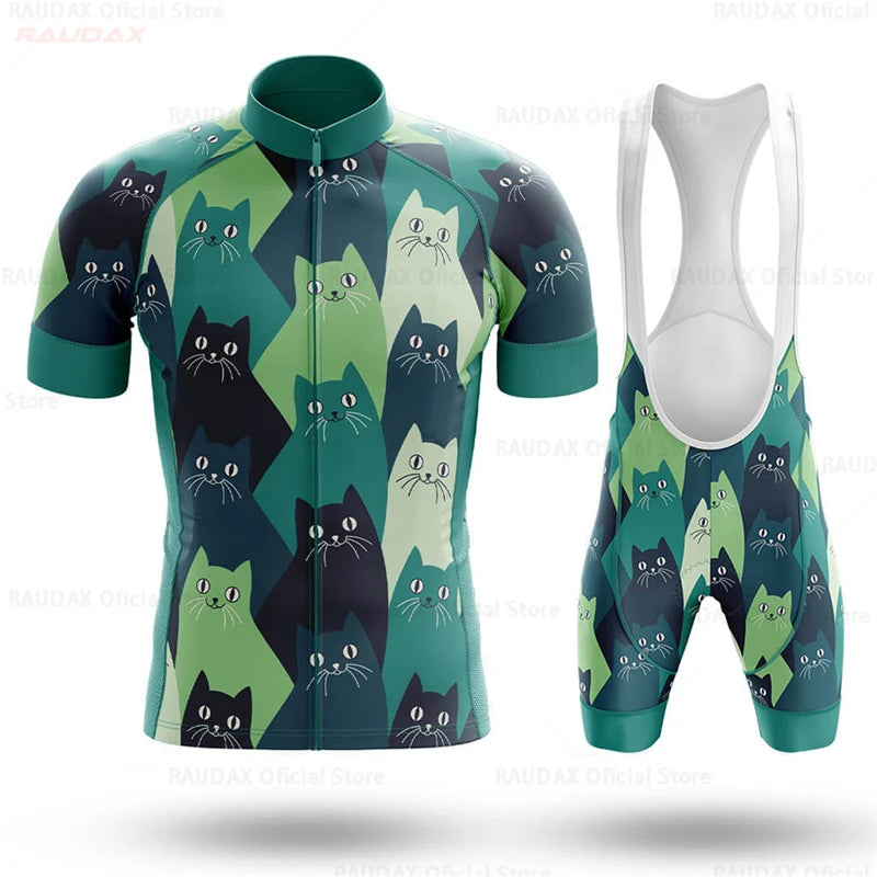 2023 Men's Cycling Clothes Funny Cartoon Cat Summer Short Sleeve Cycling Jersey Set Breathable Quick Dry Sportswear Bike Uniform