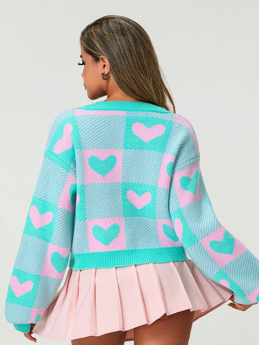 Valentine s Day Women s Heart Print Knit Sweater Cardigan with Long Sleeves V Neck and Button Up Detail