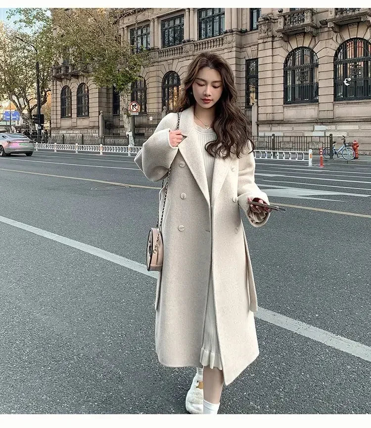 Blue Korean Style Woolen Coat Loose Women's Fashion Autumn Winter New Arrival Medium Length Belted Outerwear for Ladies