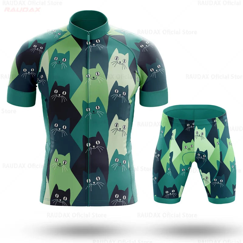 2023 Men's Cycling Clothes Funny Cartoon Cat Summer Short Sleeve Cycling Jersey Set Breathable Quick Dry Sportswear Bike Uniform