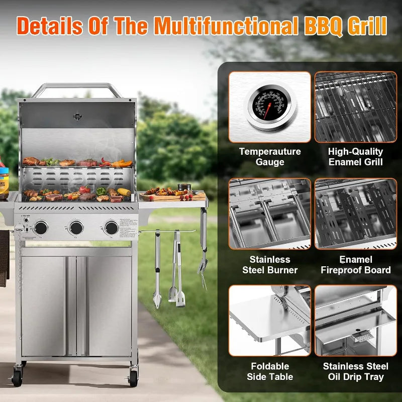 3-Burner Gas Grill with Folding Side Tables,Stainless Steel 24,000 BTU BBQ Grill,Outdoor Propane Grill for Barbecue,Patio