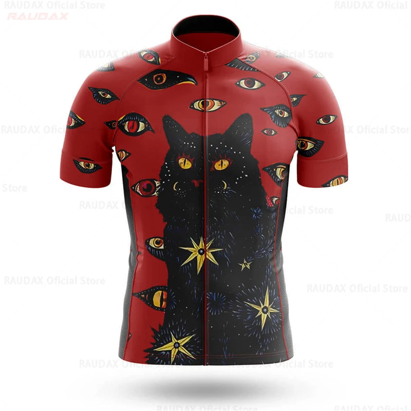 2023 Men's Cycling Clothes Funny Cartoon Cat Summer Short Sleeve Cycling Jersey Set Breathable Quick Dry Sportswear Bike Uniform