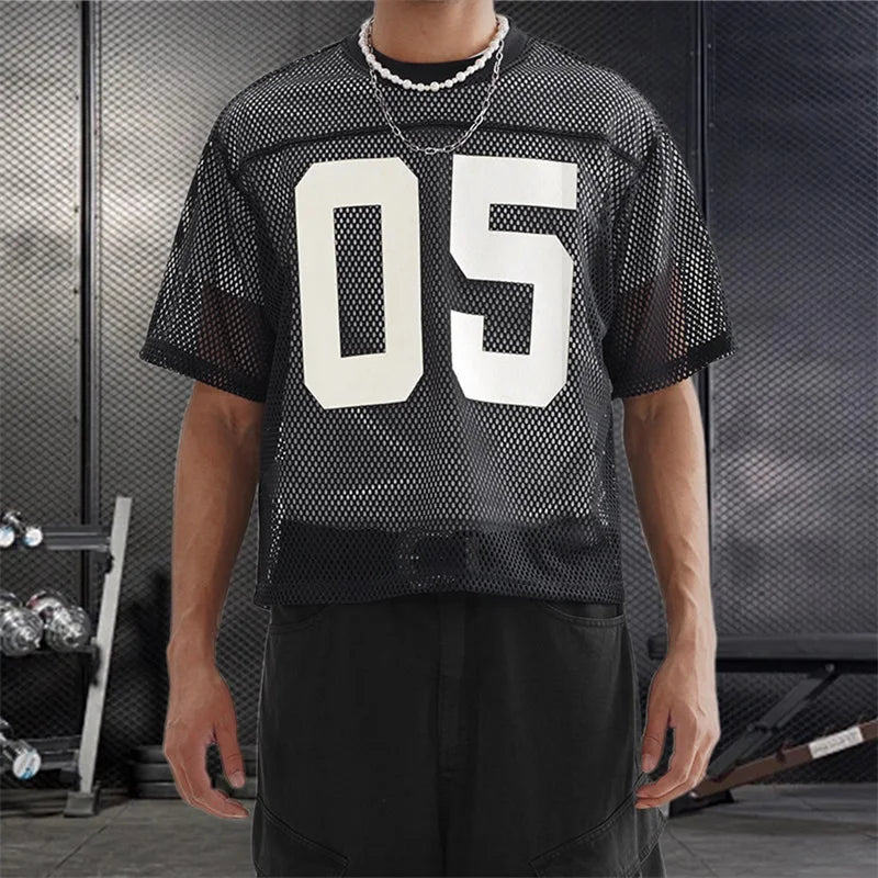 Men s Breathable Mesh Shirt with Bold Number Print Sheer Short Sleeves and Round Neckline - Perfect for Casual Streetwear and