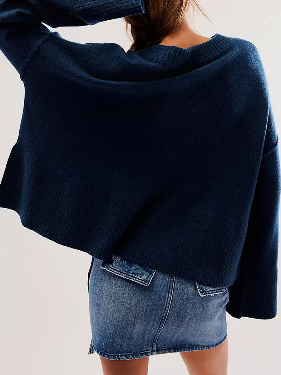 Women s Autumn Winter Knit Sweater Long Flared Sleeve Solid Color Loose Knitwear