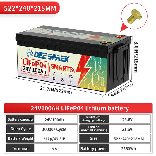 24V 100Ah LiFePO4 Battery Bluetooth With BMS 8000+Deep Cycles For Camper RV Home Energy Solar Trolling Motor 24V Lithium Battery