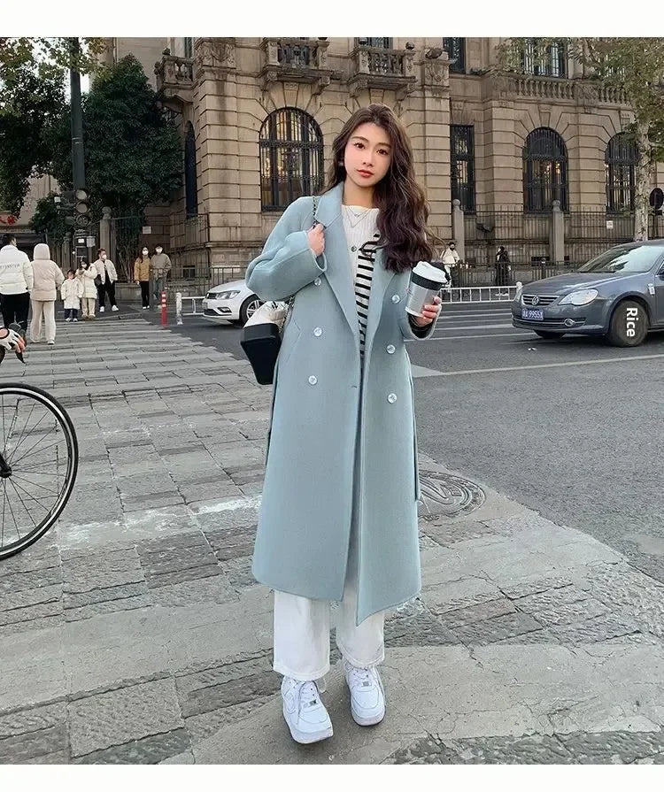 Blue Korean Style Woolen Coat Loose Women's Fashion Autumn Winter New Arrival Medium Length Belted Outerwear for Ladies