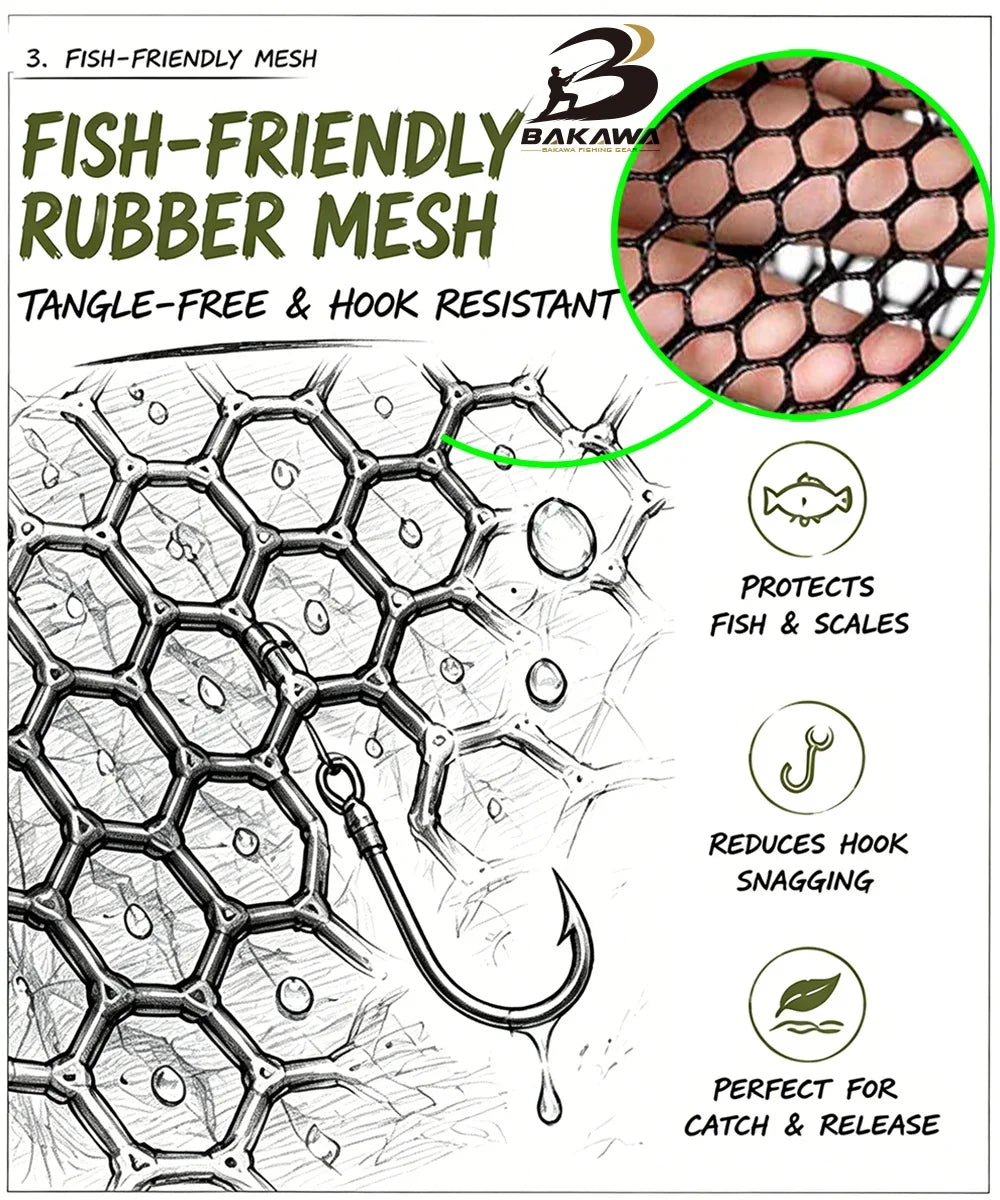 BAKAWA 25 30 S L Compact Folding Landing Net Rubber Mesh Lightweight Portable Fish Net Bass Fishing Quality Net Pesca Accesorios