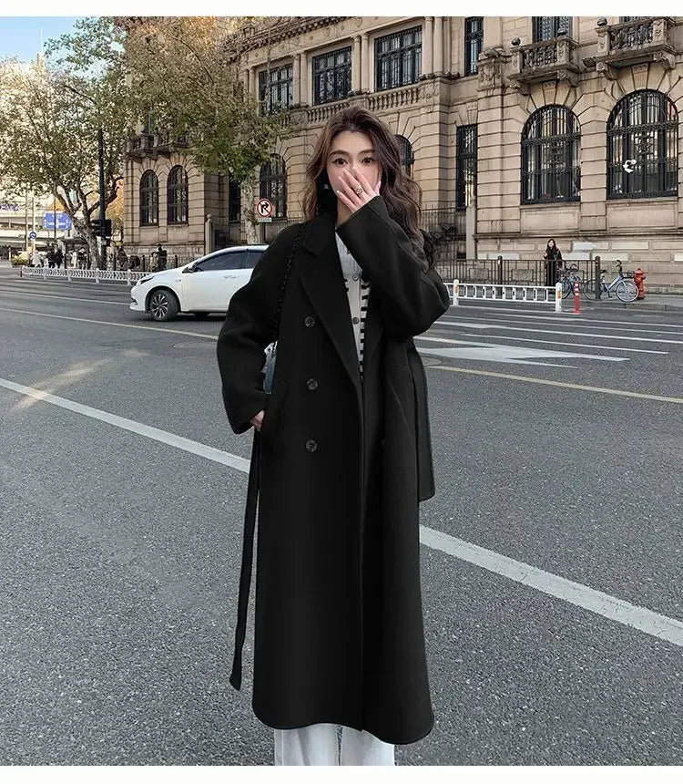 Blue Korean Style Woolen Coat Loose Women's Fashion Autumn Winter New Arrival Medium Length Belted Outerwear for Ladies