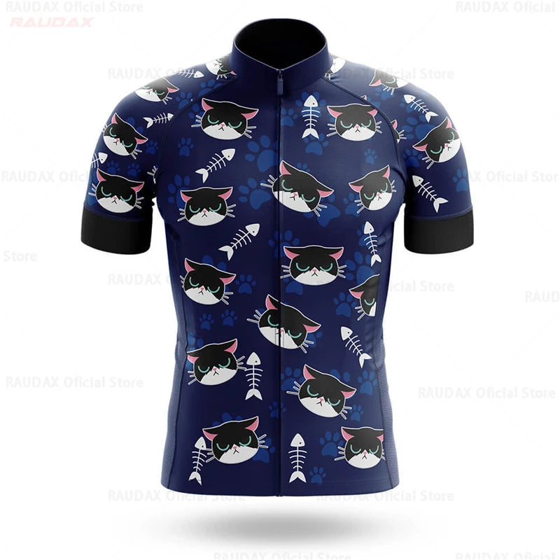 2023 Men's Cycling Clothes Funny Cartoon Cat Summer Short Sleeve Cycling Jersey Set Breathable Quick Dry Sportswear Bike Uniform