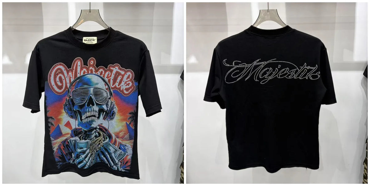 2026 Summer New MAJESTIK Men's T-shirt with Letter Hotfix Rhinestone Print Breathable Lightweight Casual Hip-Hop Style 100% Cotton Men/women T-shirt