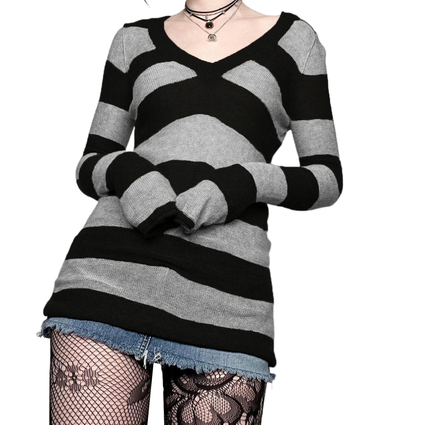 Women s Spring Autumn Knit Sweater V Neck Long Sleeve  Fit Striped Knitwear Tops Dress