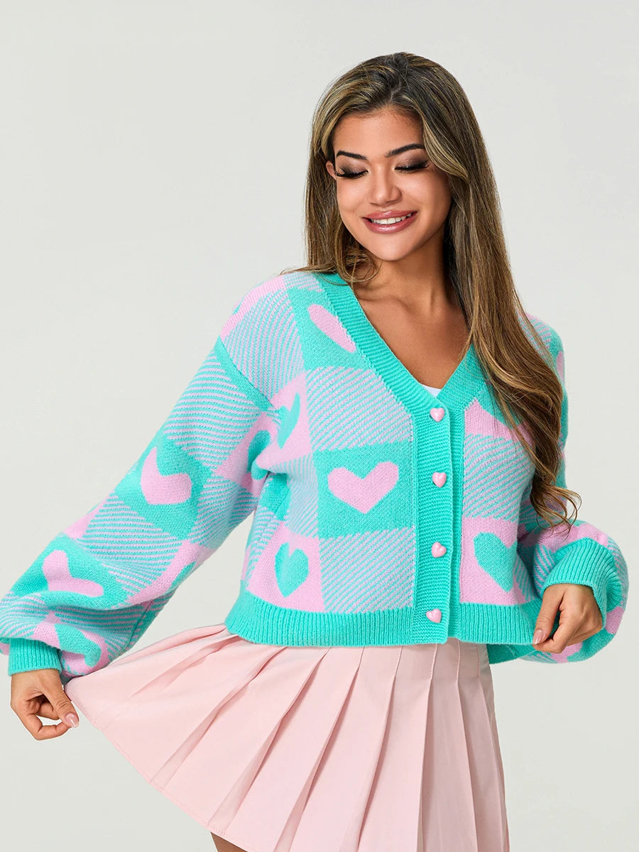 Valentine s Day Women s Heart Print Knit Sweater Cardigan with Long Sleeves V Neck and Button Up Detail