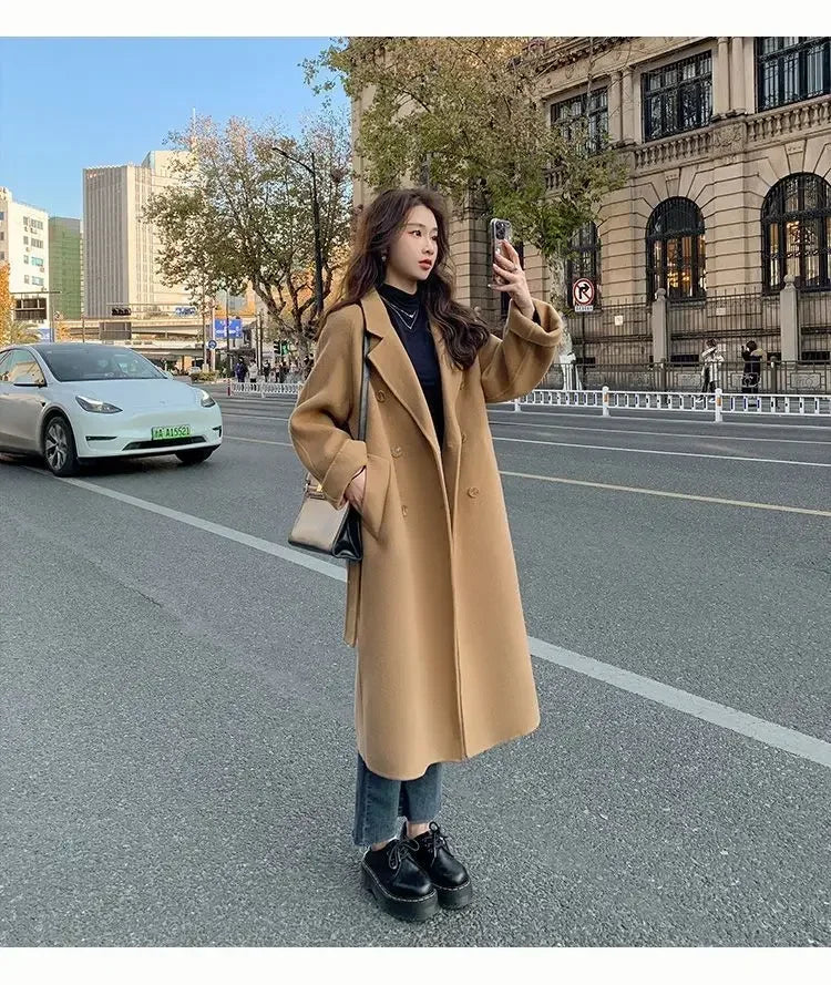 Blue Korean Style Woolen Coat Loose Women's Fashion Autumn Winter New Arrival Medium Length Belted Outerwear for Ladies