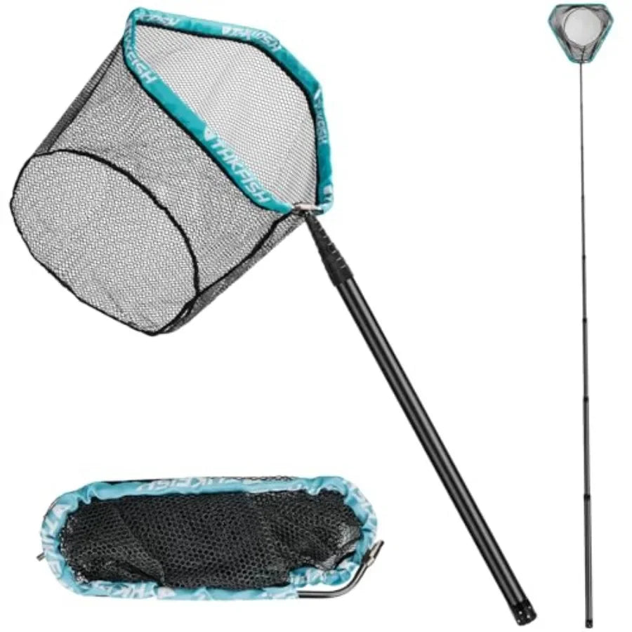 Fishing landing net for anglers: carbon fiber frame, black, telescopic long handle 27-157.5 in,aluminum mesh with rubber coatin