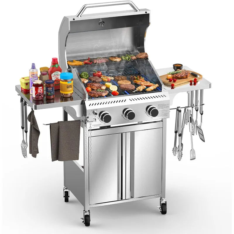 3-Burner Gas Grill with Folding Side Tables,Stainless Steel 24,000 BTU BBQ Grill,Outdoor Propane Grill for Barbecue,Patio