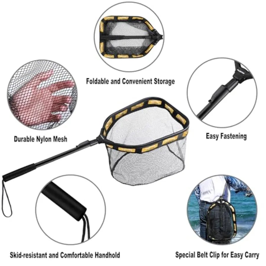 Floating Fishing Net for Steelhead, Salmon, Fly, Kayak, Catfish, Bass, Trout Fishing, Rubber Coated Foldable Landing Net with F