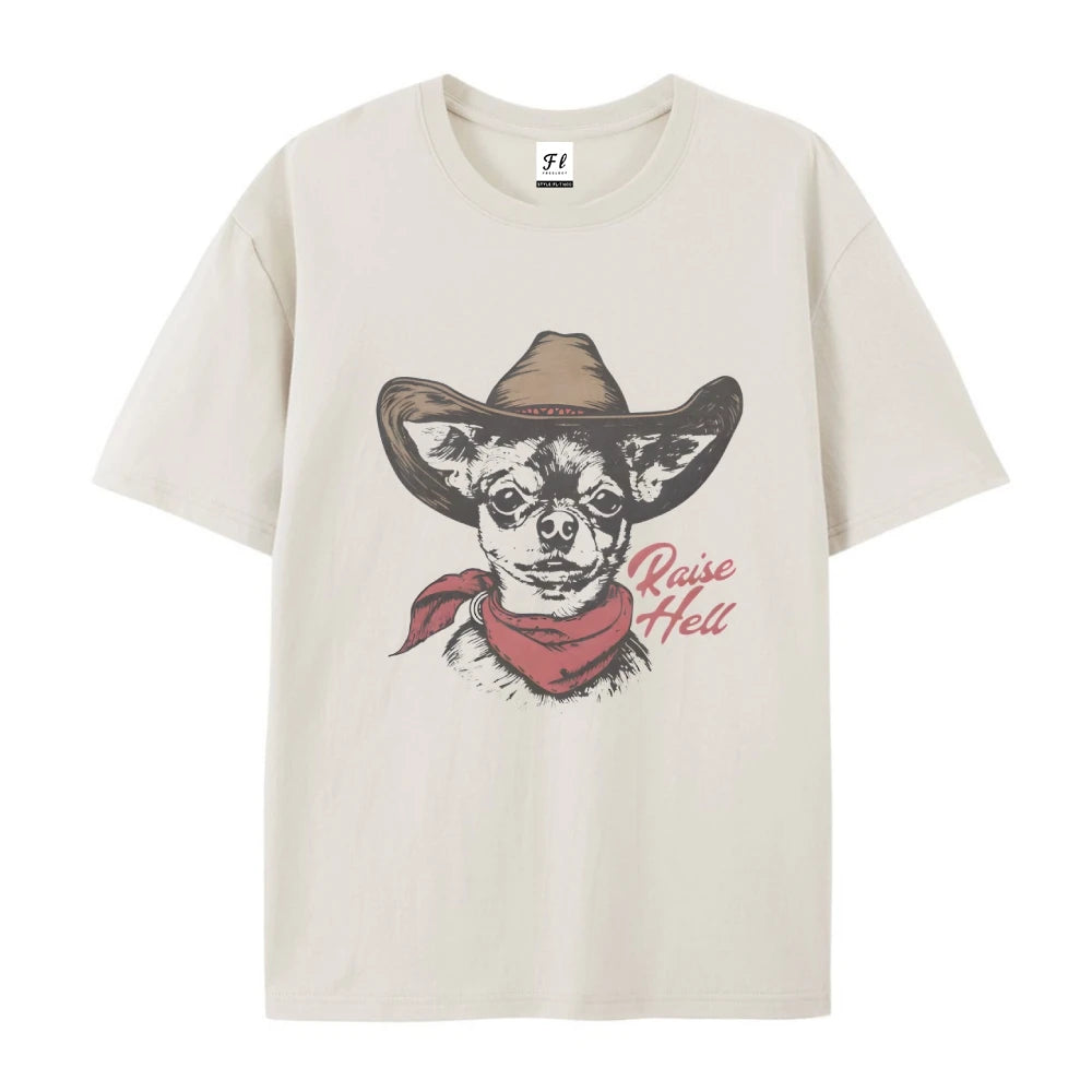 Retro Cowboy Dog T-Shirt Chihuahua Raise Hell Graphic Top Tee Vintage Retro Style Summer Clothes Pure Cotton Breathable Tee