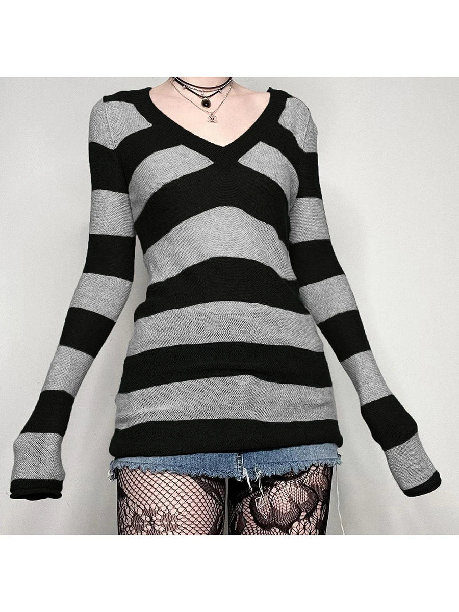 Women s Spring Autumn Knit Sweater V Neck Long Sleeve  Fit Striped Knitwear Tops Dress