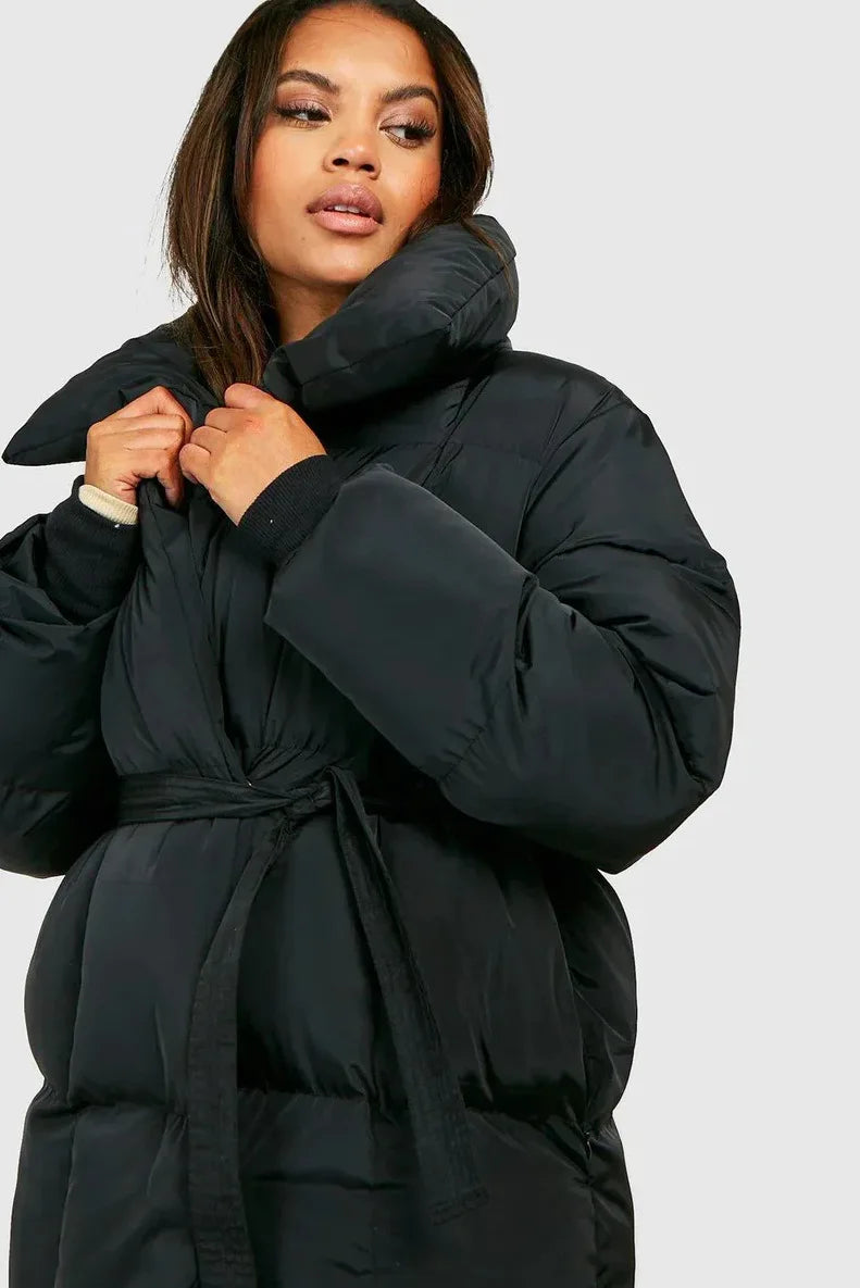 Women's Puffer Coat Large Lapel Collar Belted Waist Mid-Length Warm Winter Jacket Fashion Loose Padded Outerwear