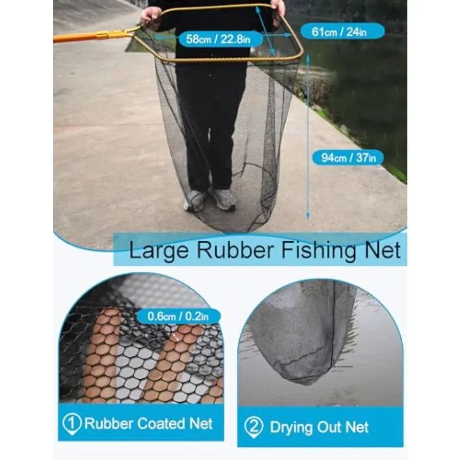 Kayak fishing net, aluminum handle, black, extra-large telescopic design with snag-free rubber mesh for saltwater big game fish