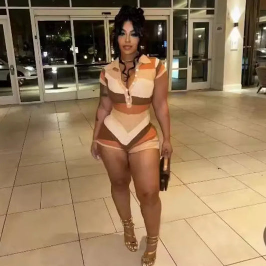 XTOCEAN Fashion Knitting Color Stitching Bodycon Rompers Women V Neck Button Short Sleeve One Pieces Jumpsuits Female Overalls