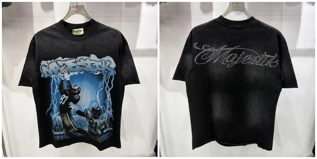 2026 Summer New MAJESTIK Men's T-shirt with Letter Hotfix Rhinestone Print Breathable Lightweight Casual Hip-Hop Style 100% Cotton Men/women T-shirt