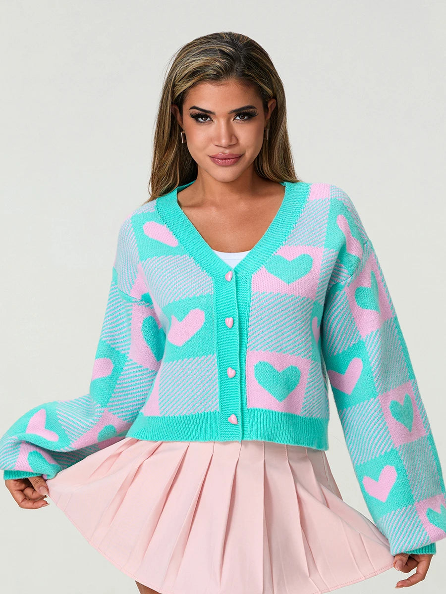Valentine s Day Women s Heart Print Knit Sweater Cardigan with Long Sleeves V Neck and Button Up Detail