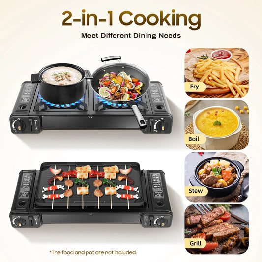 Camp Chef Duo 2Burner Butane Stove 42cm Grill Tray Lock Switch Dual 1.15kW Frying Boiling Camping Picnic