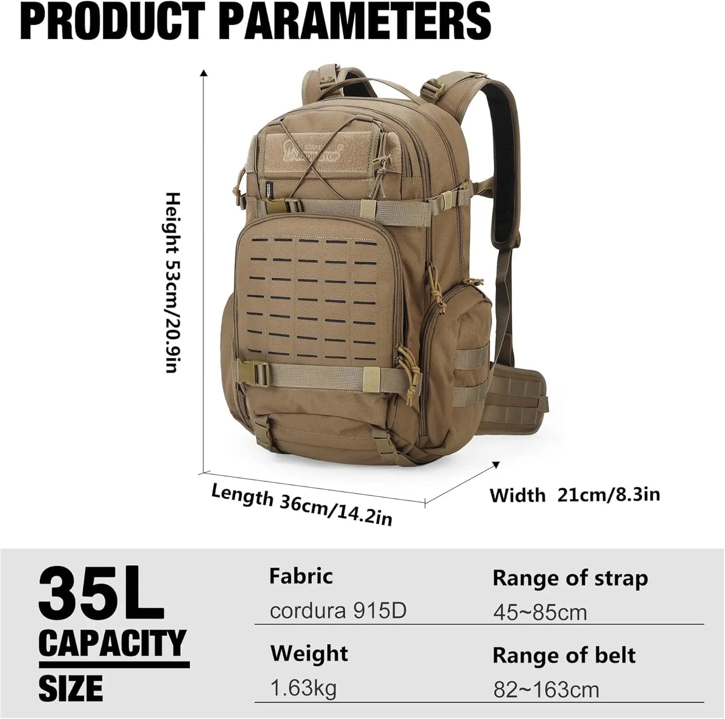 35L Molle Tactical Military Backpack for Men，Cordura Backpack for Hiking,Camping,Survival