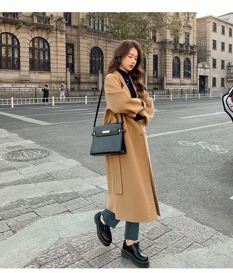 Blue Korean Style Woolen Coat Loose Women's Fashion Autumn Winter New Arrival Medium Length Belted Outerwear for Ladies