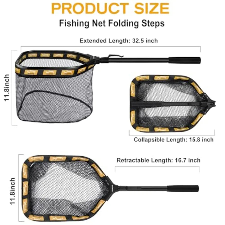 Floating Fishing Net for Steelhead, Salmon, Fly, Kayak, Catfish, Bass, Trout Fishing, Rubber Coated Foldable Landing Net with F