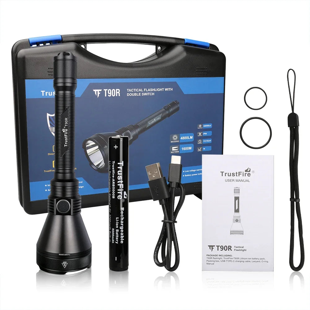TrustFire T90R Kit High Power 4800 Lumens LED Hunting Flashlight, 1600 Meters Long Range Rechargeable Tactical Flashlight