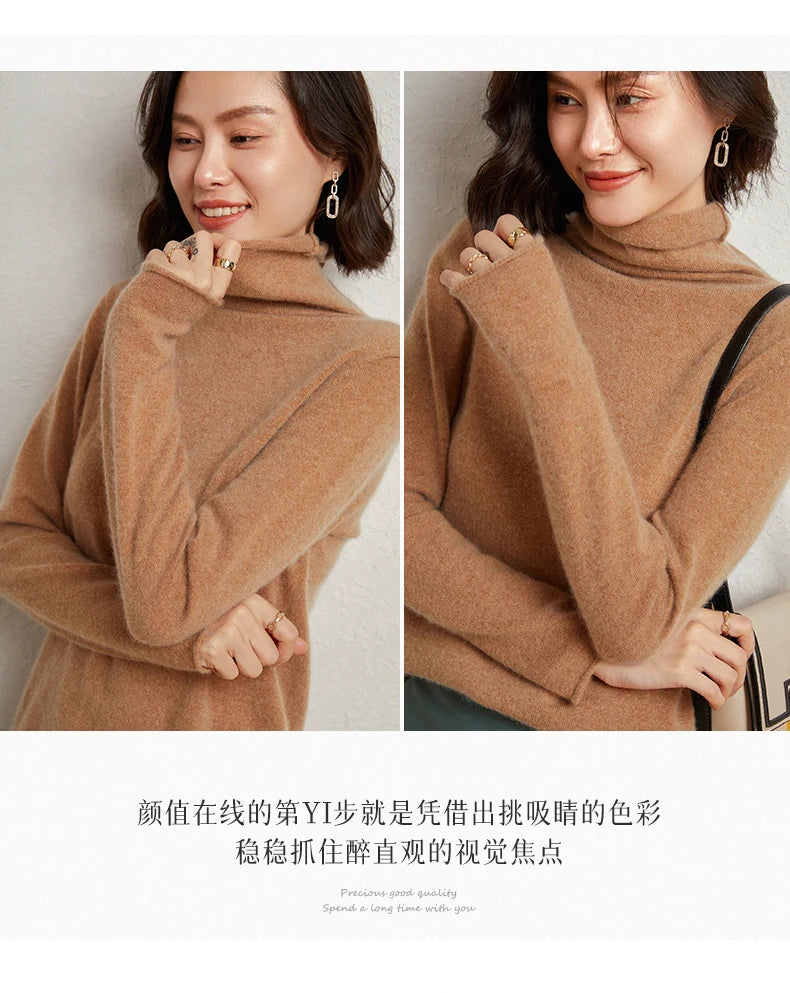 100%Merino Pure Wool Sweater Women's AutumnWinter Long Sleeve High Neck Pullover Warm High Quality Solid Color Basic Knit Jumper