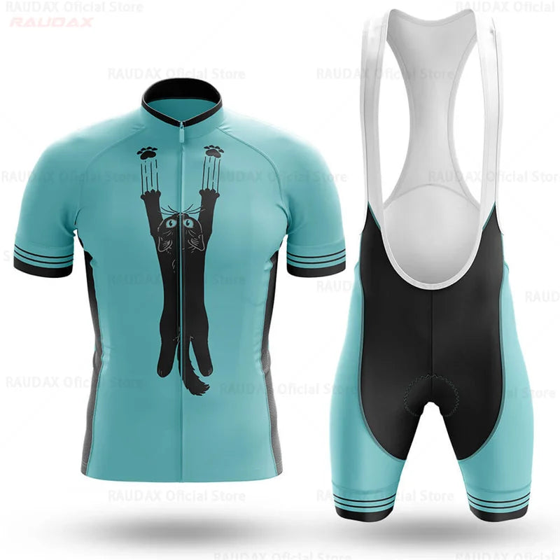 2023 Men's Cycling Clothes Funny Cartoon Cat Summer Short Sleeve Cycling Jersey Set Breathable Quick Dry Sportswear Bike Uniform